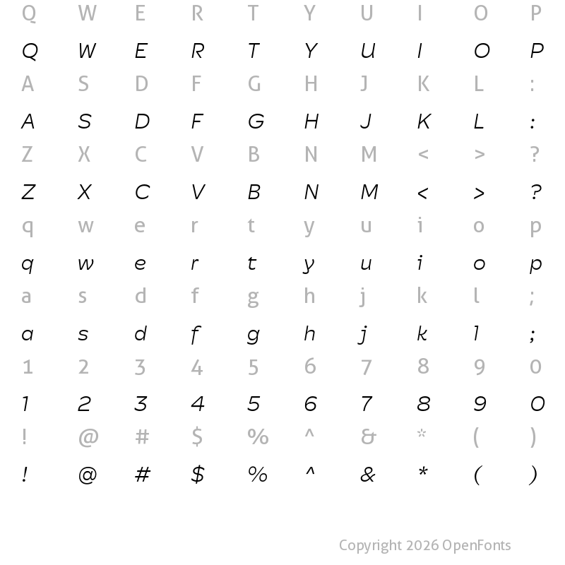 Character Map of Hatch Sans Light Italic