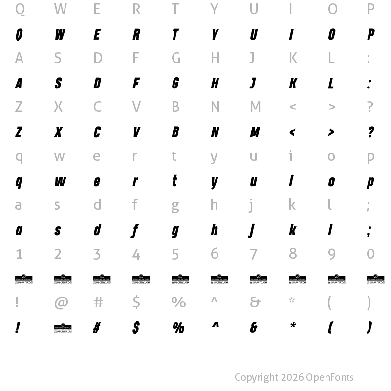 Character Map of Heading Pro Trial Heavy Italic