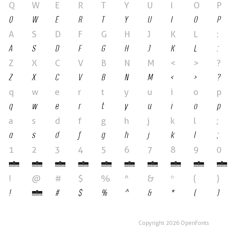Character Map of Heading Pro Trial Light Italic