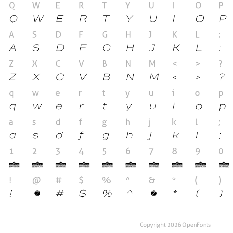 Character Map of Heading Pro Wide Trial ExtraLight Italic