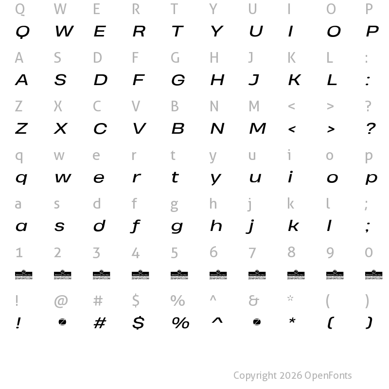Character Map of Heading Pro Wide Trial Italic