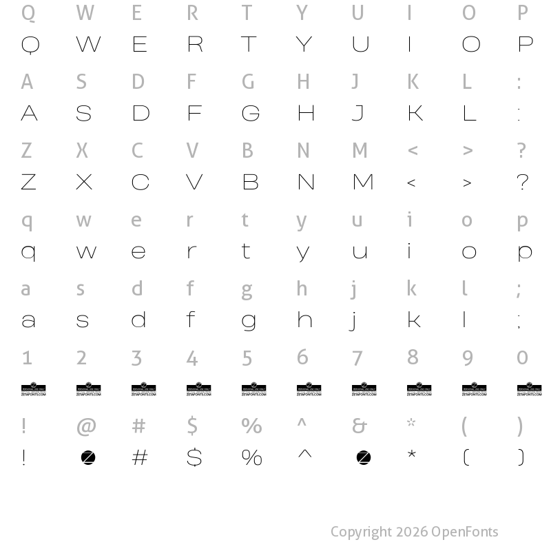 Character Map of Heading Pro Wide Trial Thin