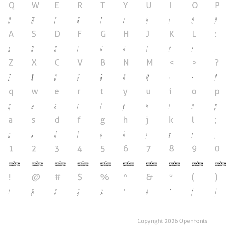 Character Map of HeadingNow Trial 11 Thin Italic