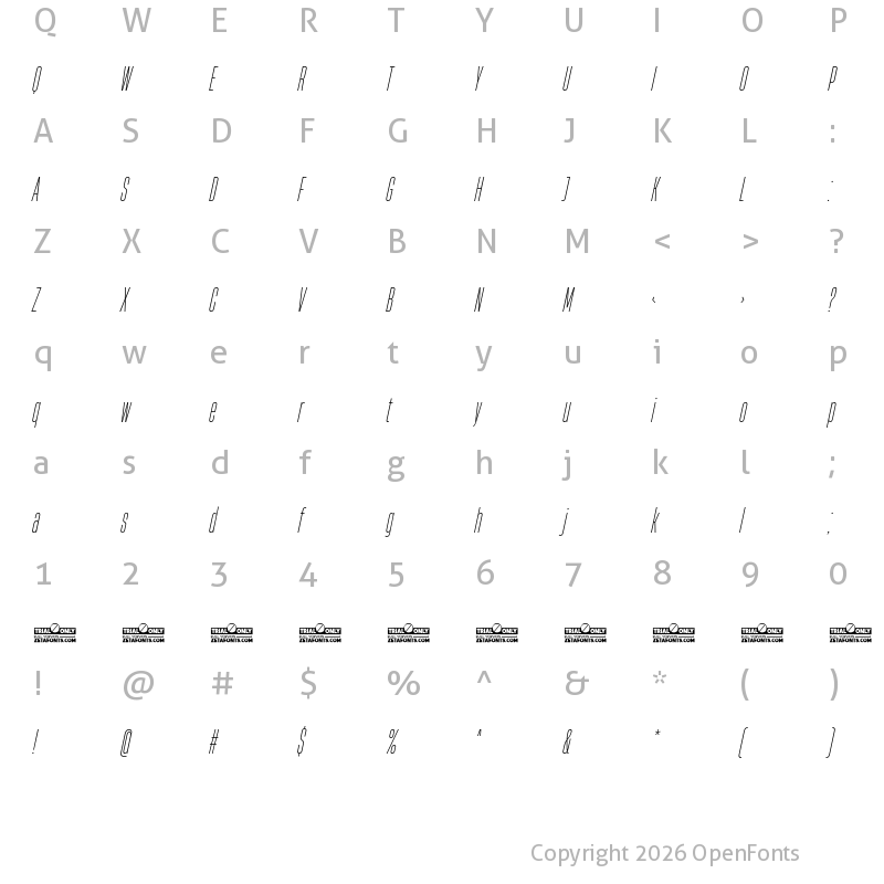 Character Map of HeadingNow Trial 12 Light Italic