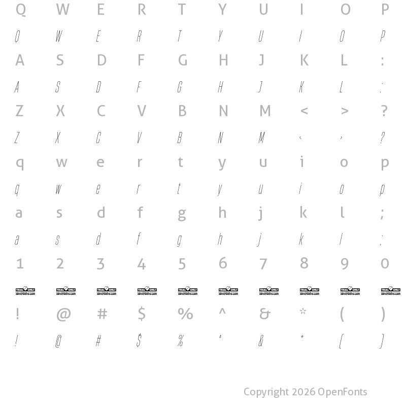 Character Map of HeadingNow Trial 21 Thin Italic