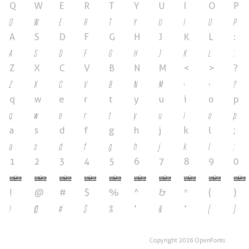 Character Map of HeadingNow Trial 31 Thin Italic
