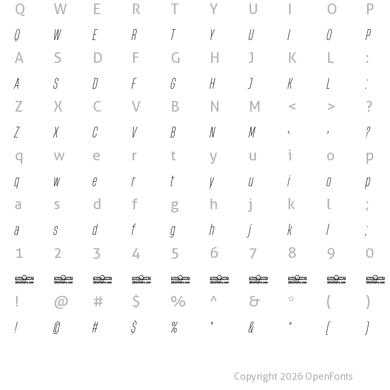 Character Map of HeadingNow Trial 32 Light Italic