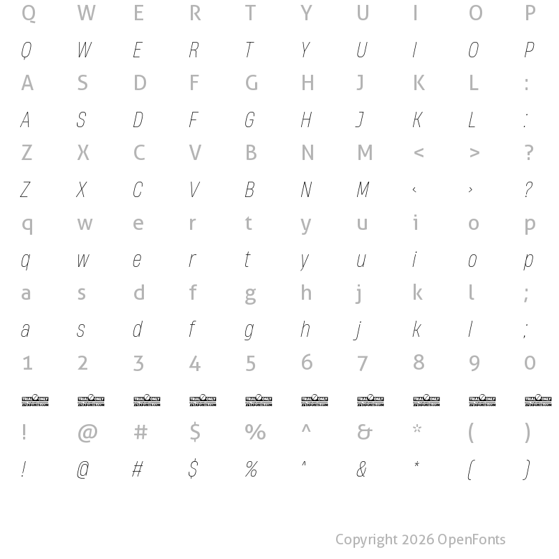 Character Map of HeadingNow Trial 51 Thin Italic