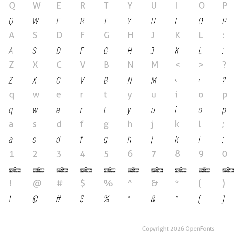 Character Map of HeadingNow Trial 52 Light Italic