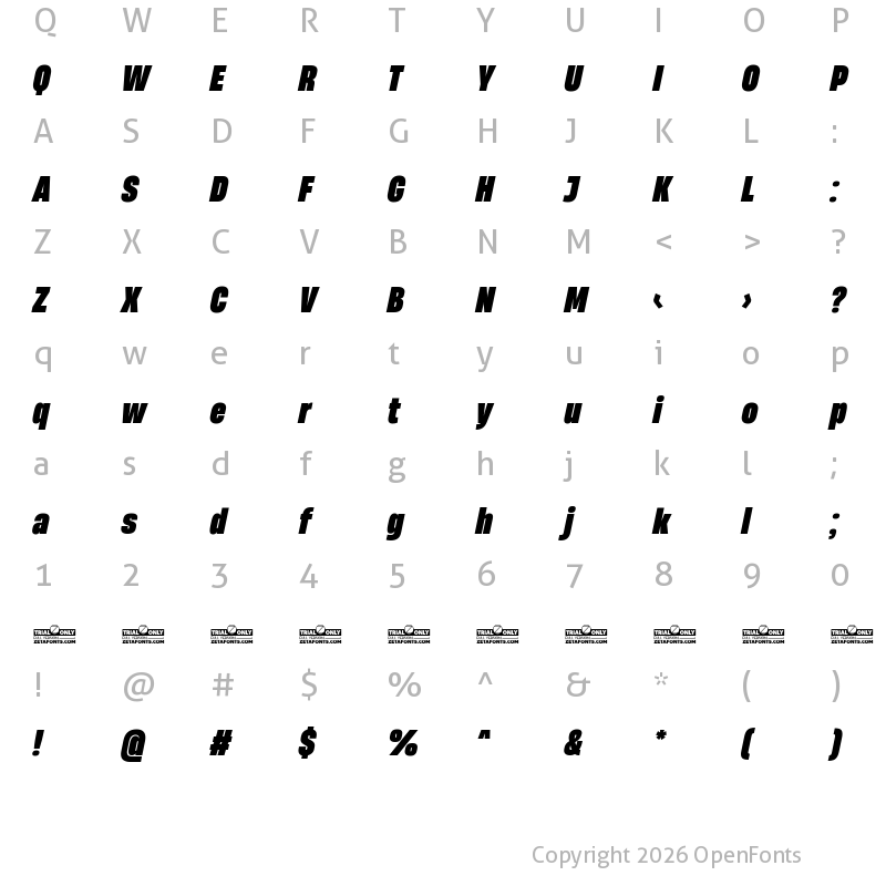 Character Map of HeadingNow Trial 58 Heavy Italic