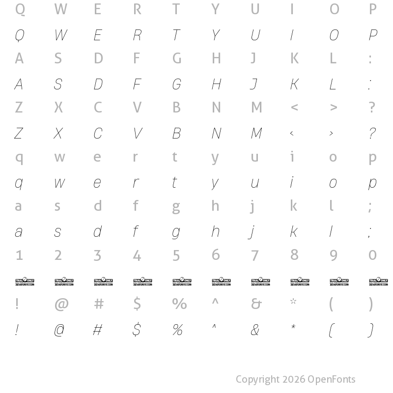 Character Map of HeadingNow Trial 61 Thin Italic