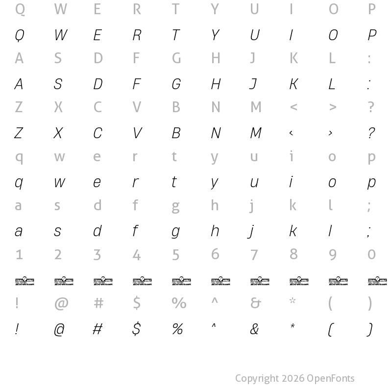 Character Map of HeadingNow Trial 62 Light Italic