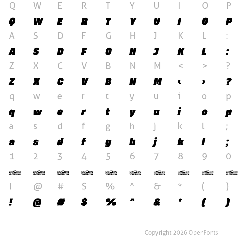 Character Map of HeadingNow Trial 68 Heavy Italic