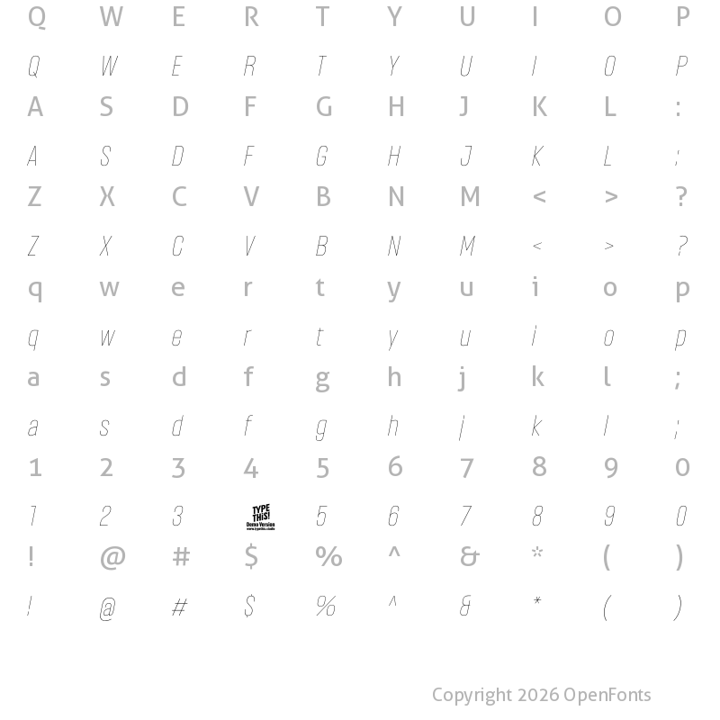 Character Map of Headlines Thin Italic