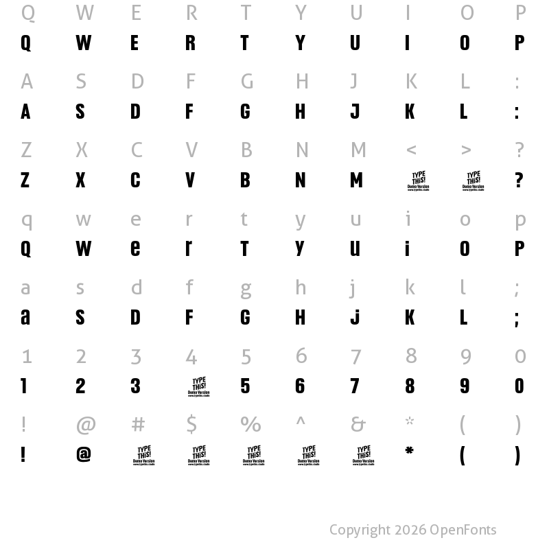 Character Map of Headlines Uni A Bold Trial