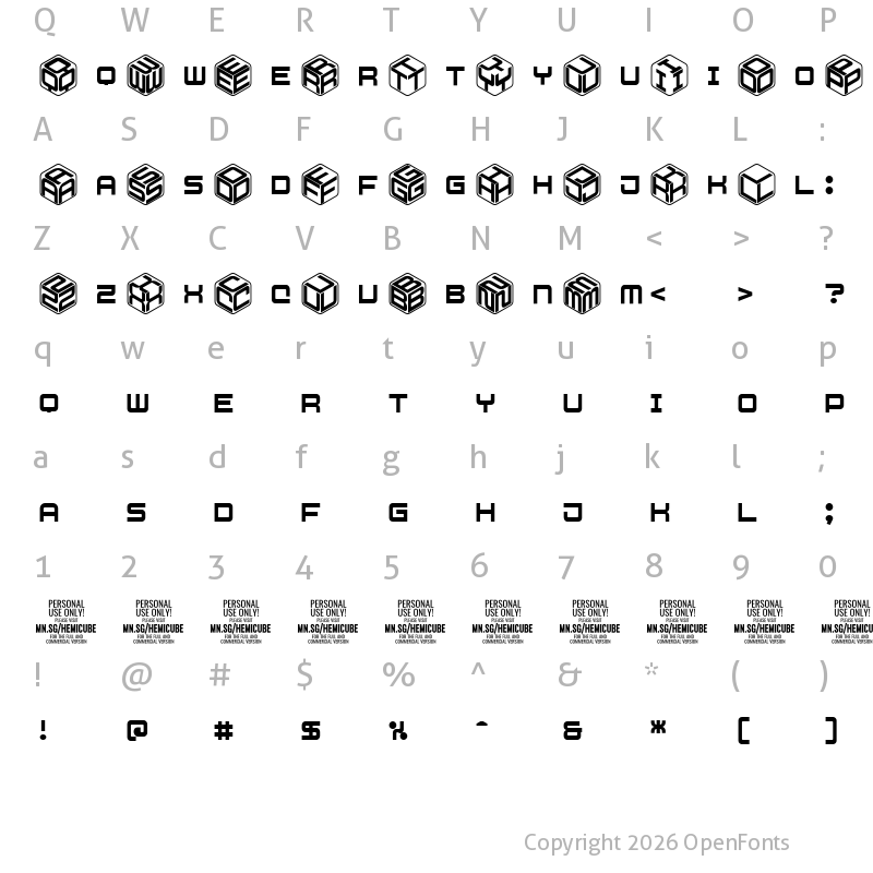 Character Map of Hemicube PERSONAL USE ONLY Regular