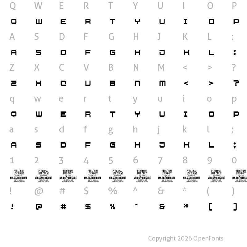 Character Map of Hemicube Type PERSONAL USE ONLY Regular