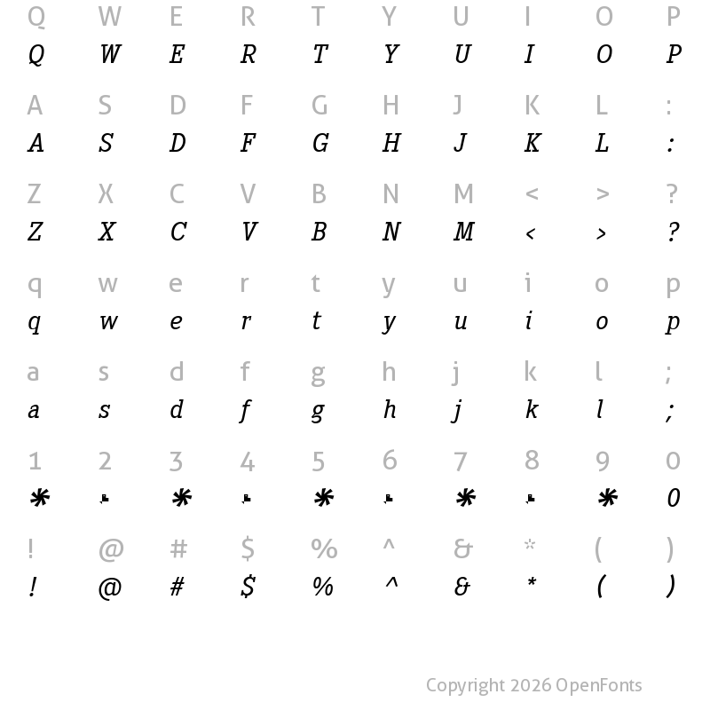 Character Map of Heptal Book Italic