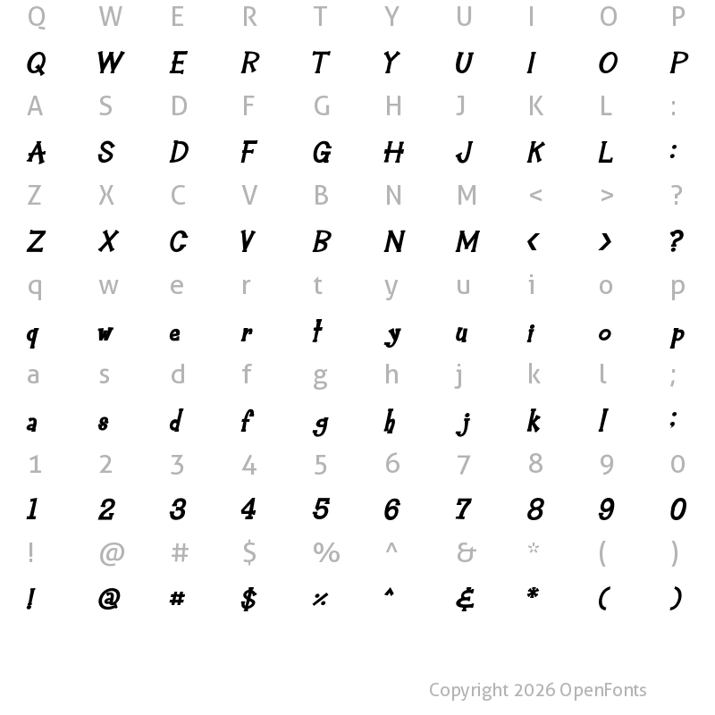 Character Map of Hey Alfred Bold Italic