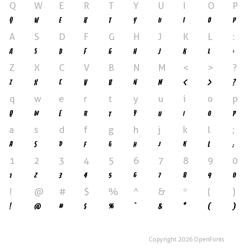 Character Map of Highjinks BB Italic