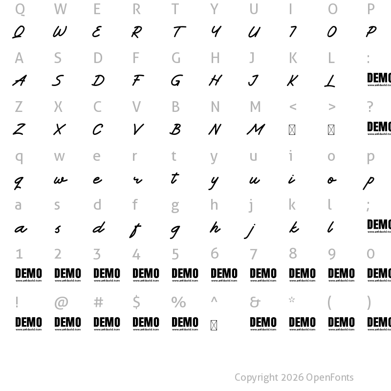Character Map of Hillton - DEMO FONT Script