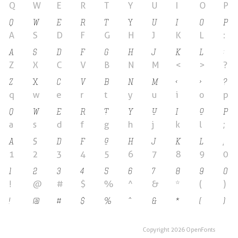 Character Map of Hockeynight Serif Thin Ita