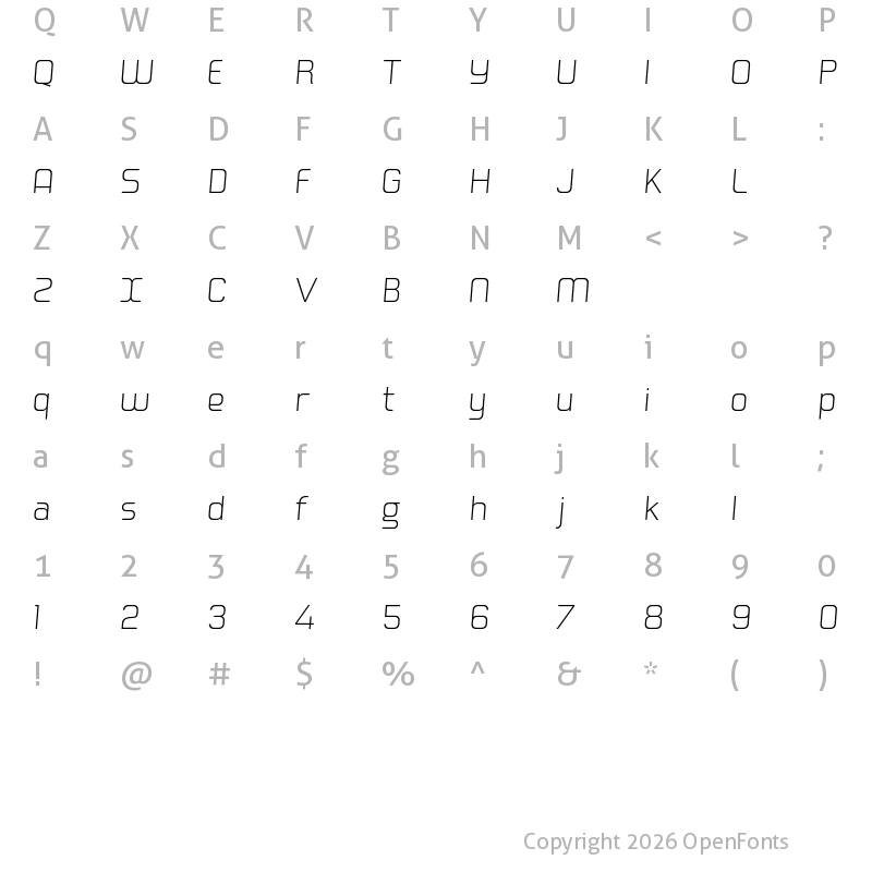 Character Map of Hogira Extra Light Italic