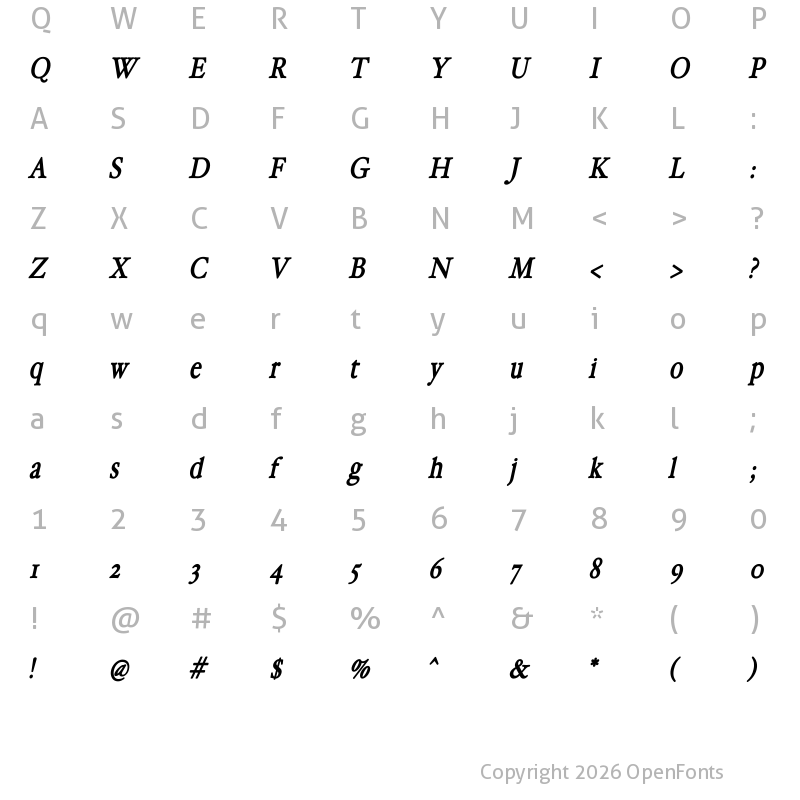 Character Map of HollaMediaeval Bold Italic