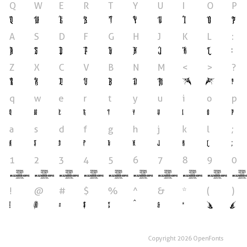 Character Map of Horror Korpus Clean PERSONAL Regular