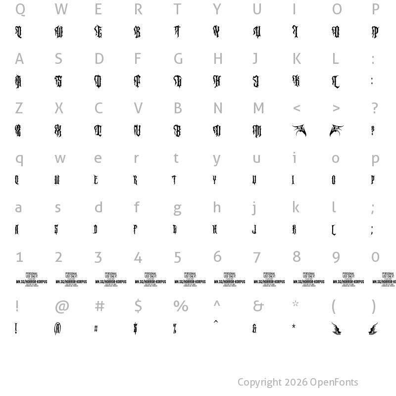 Character Map of Horror Korpus PERSONAL Regular