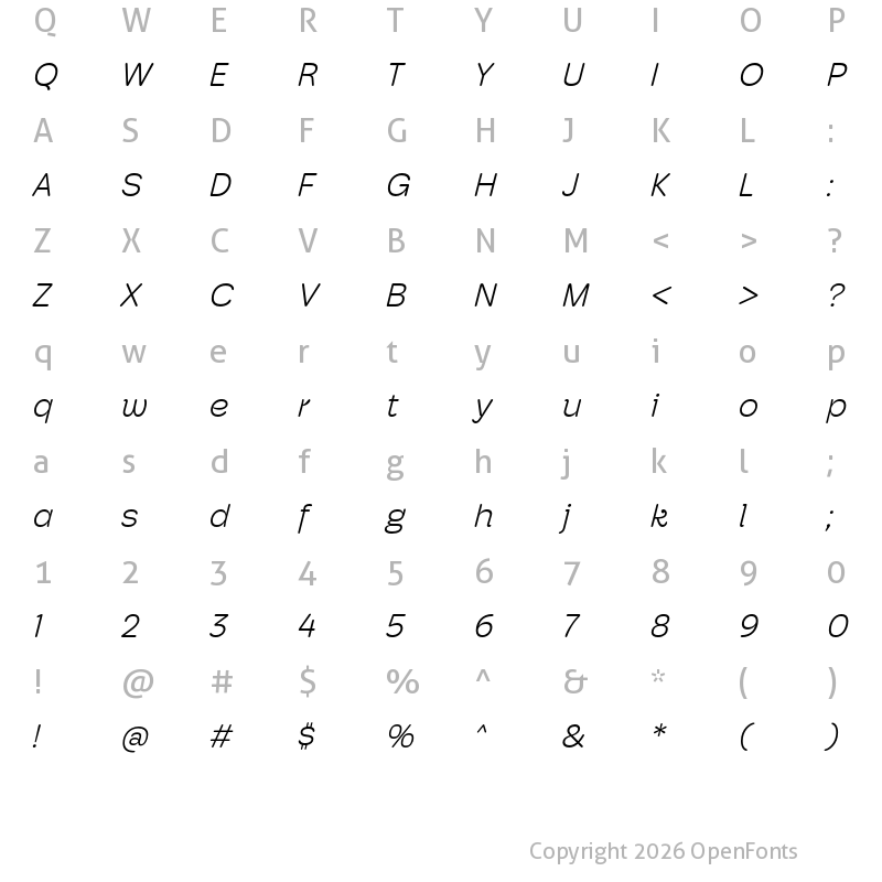 Character Map of Hoss Round Light Italic