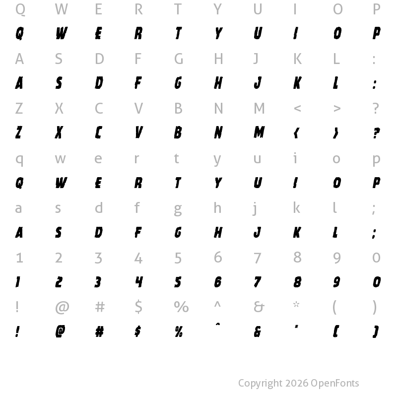 Character Map of Howlin' Mad Condensed Italic Condensed Italic