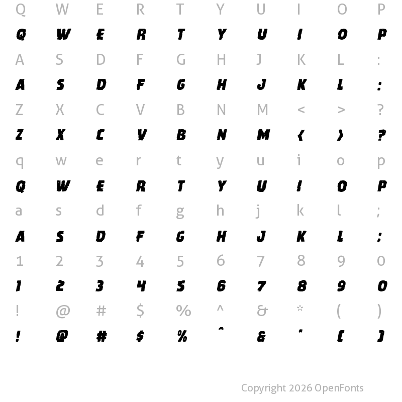 Character Map of Howlin' Mad Staggered Italic Italic