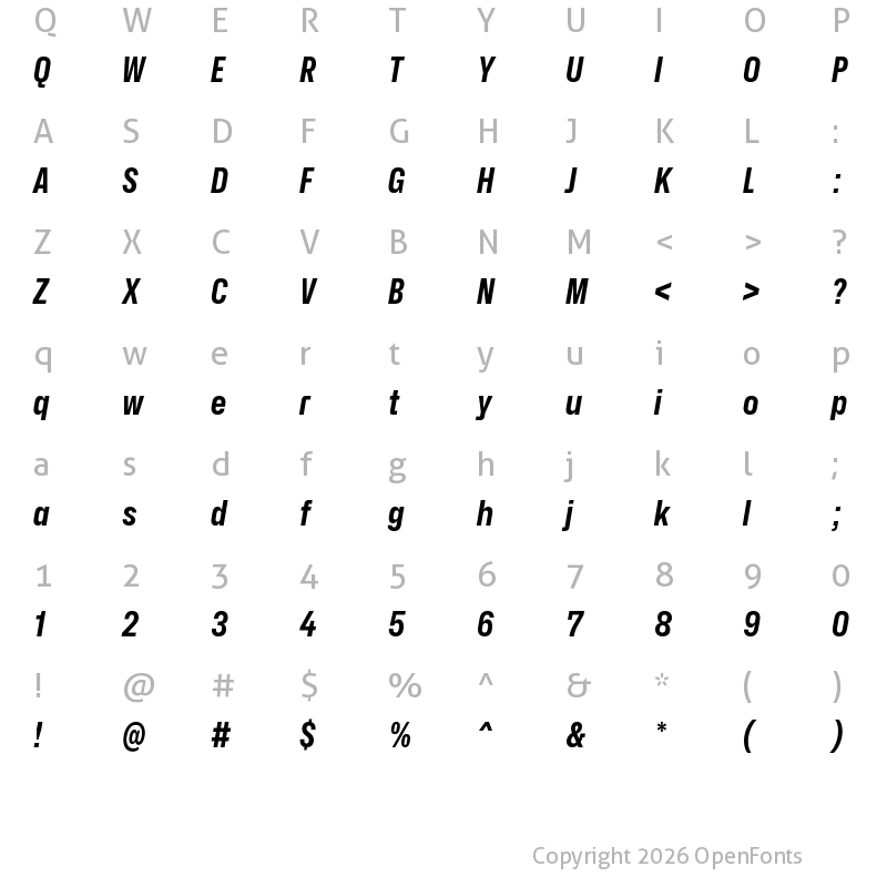 Character Map of Hubot-Sans Bold Narrow Italic
