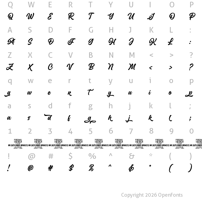 Character Map of Hundred Miracles PERSONAL USE Regular