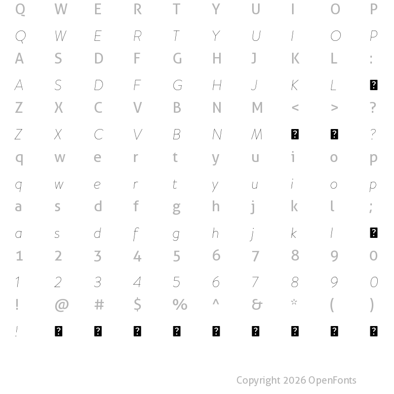 Character Map of HvDTrial Brandon Text Thin Italic