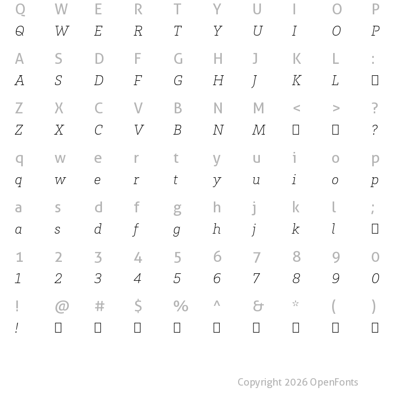 Character Map of HvDTrial Brix Slab ExtraLight Italic