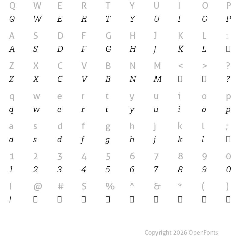 Character Map of HvDTrial Brix Slab Light Italic