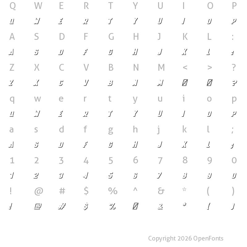 Character Map of HyperSuper Italic3D