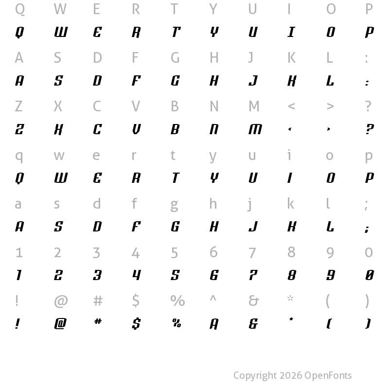 Character Map of Icewave Wide Italic Regular