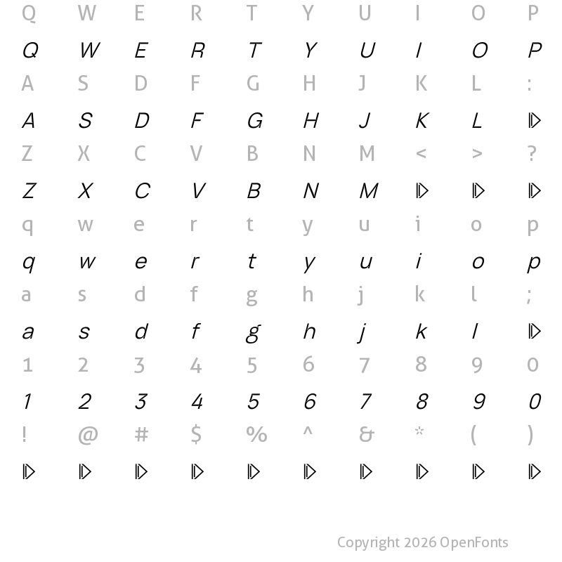 Character Map of ID Grotesk Trial Book Italic