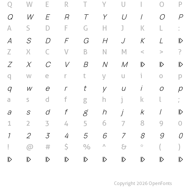 Character Map of ID Grotesk Trial Light Italic