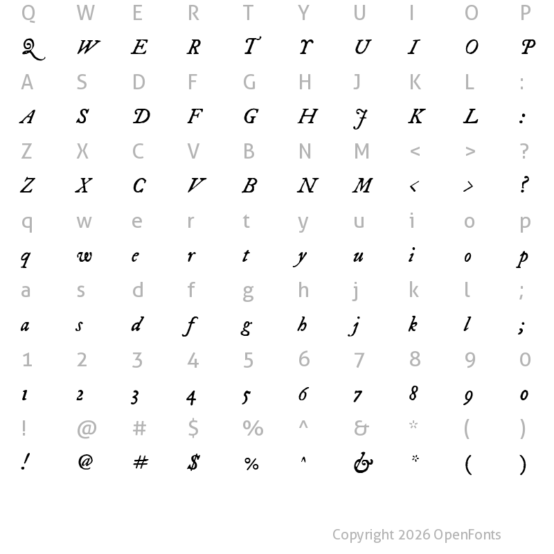 Character Map of IM FELL DW Pica Italic