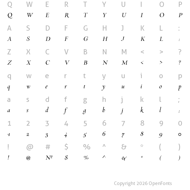 Character Map of Incognito Pro Italic