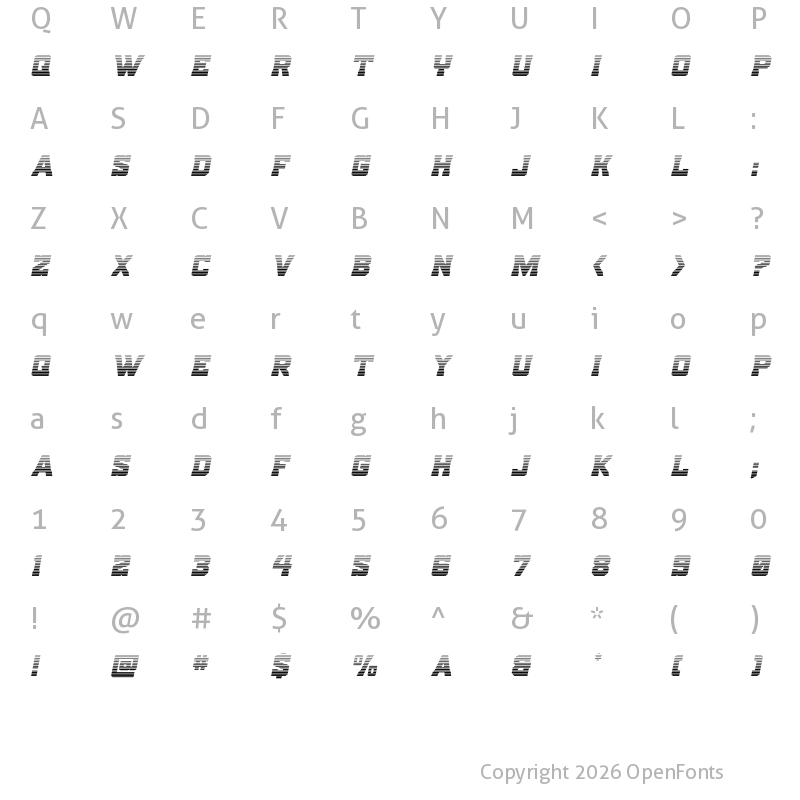 Character Map of Indian Steeds Gradient Italic Regular