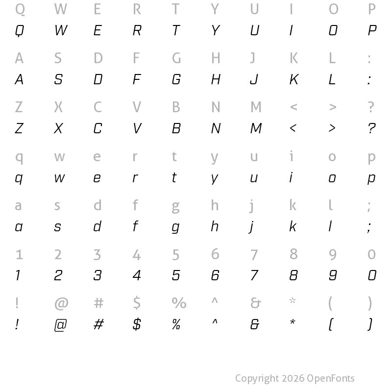 Character Map of Industry Book Italic