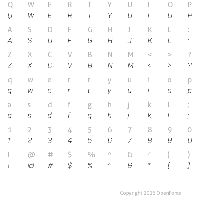 Character Map of Industry Light Italic