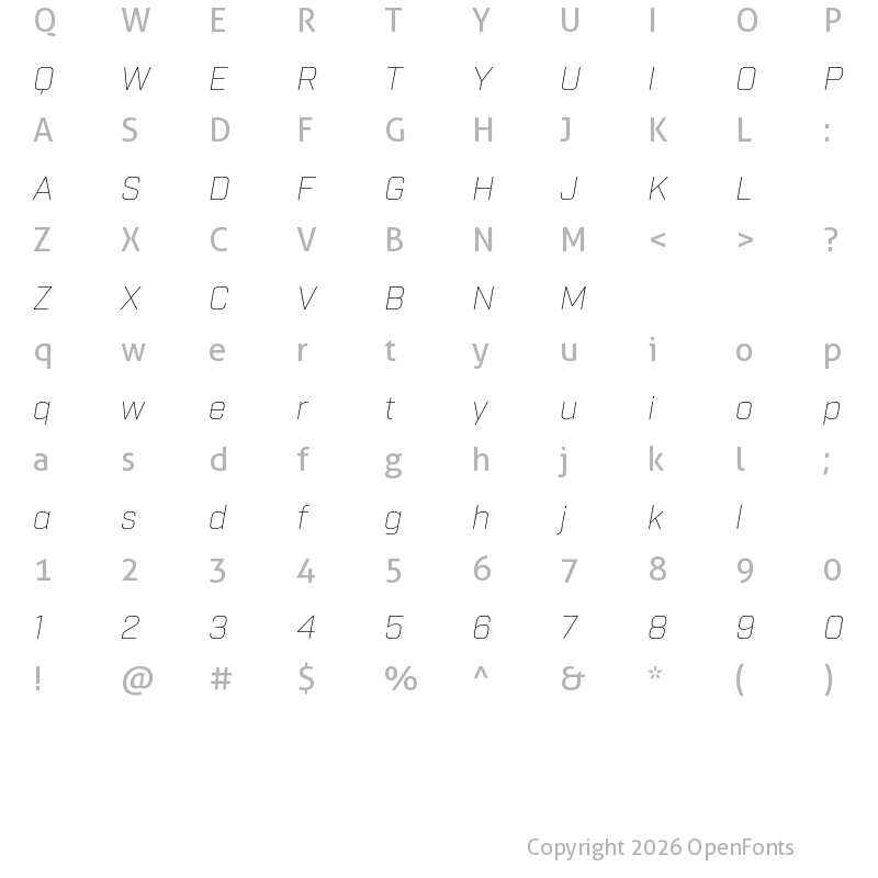 Character Map of Industry Test Thin Italic