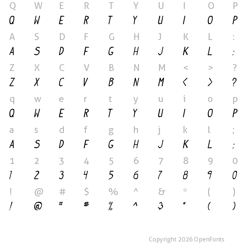 Character Map of Indy Pimp Italic
