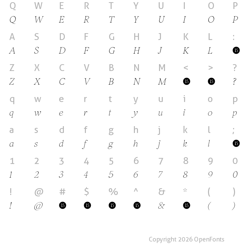 Character Map of Inferi-Trial Extra Light Italic